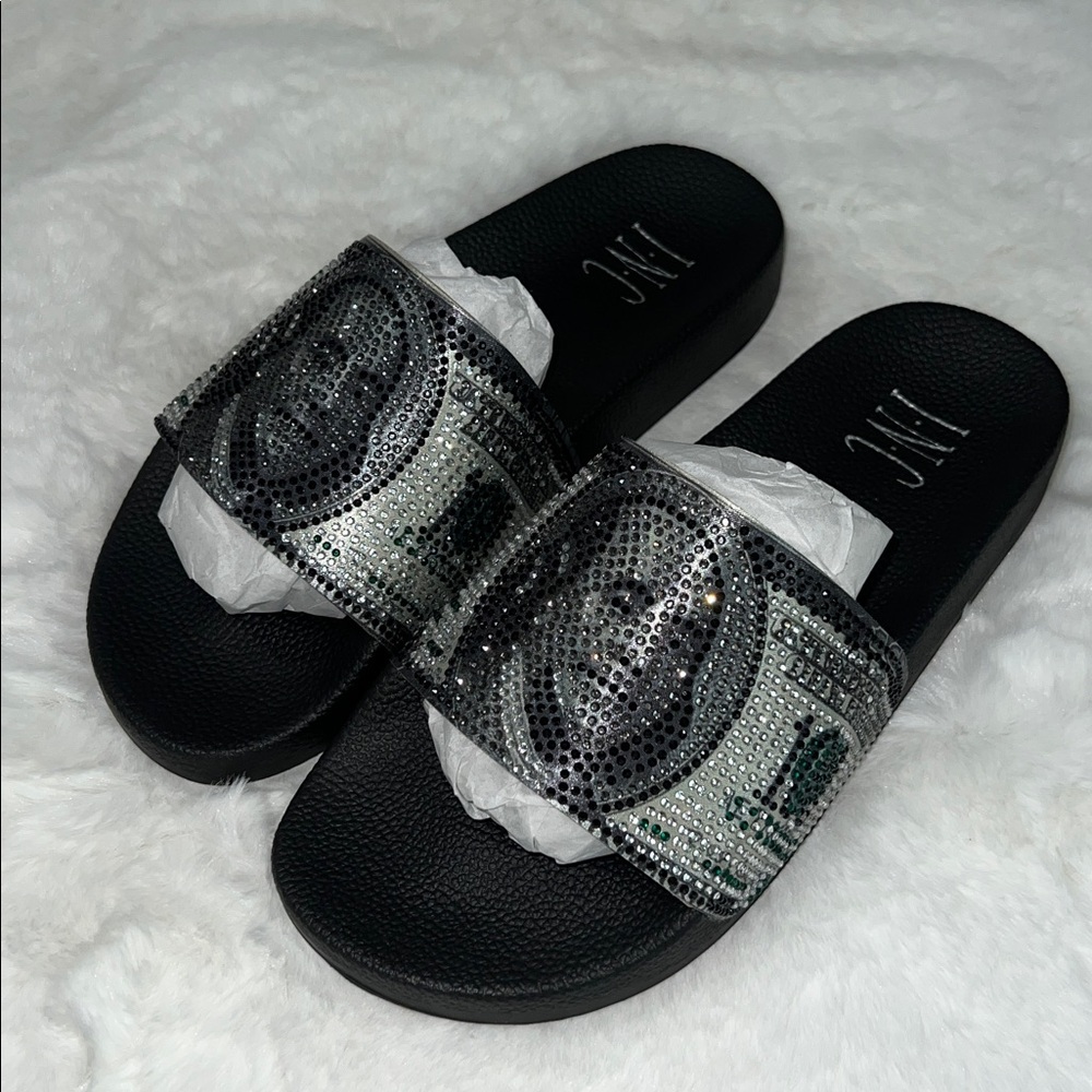 INC Black Slide Sandals with Rhinestone Bill Design